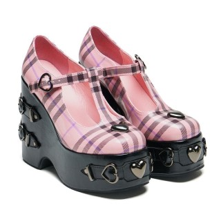 KOI - Gothic High Heel - Sweet Apathy Plaid Wedge Mary Janes - EU36 bis EU41 - für Damen - Größe EU36 - schwarz/pink