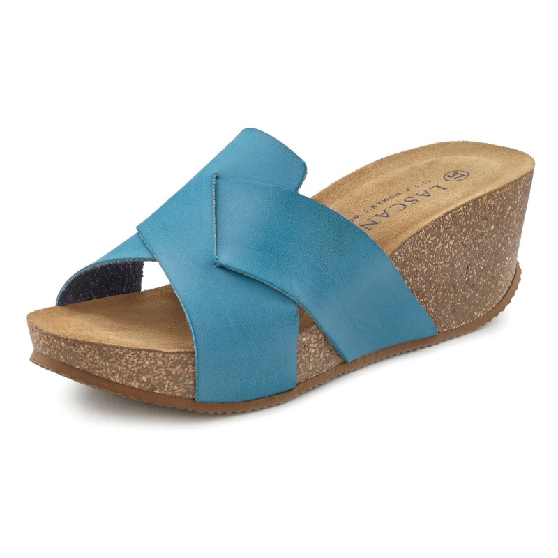 LASCANA Pantolette, Mule, Sandale, offener Schuh mit Korkfußbett und Keilabsatz