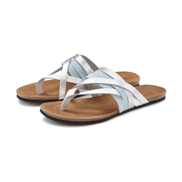 LASCANA Zehentrenner Sandale, Pantolette aus Leder mit Korkfußbett