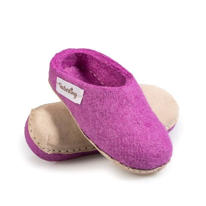 naturling Kinder Filz Pantoffeln Hausschuh (mit leiser) Ledersohle