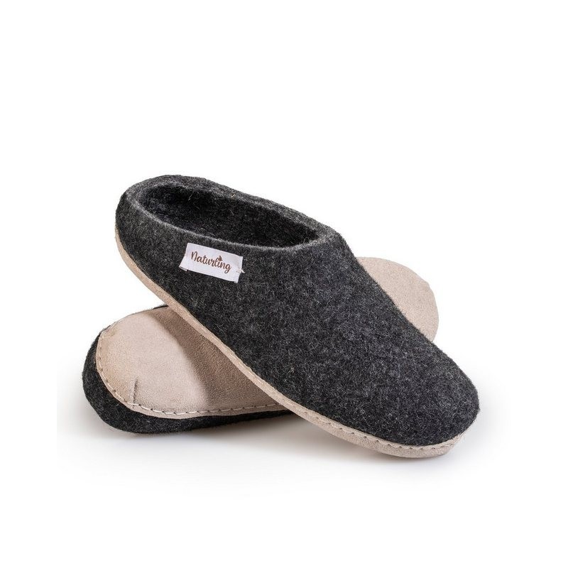 naturling Filz Damen Pantoffel Hausschuh (mit bequemer) Ledersohle