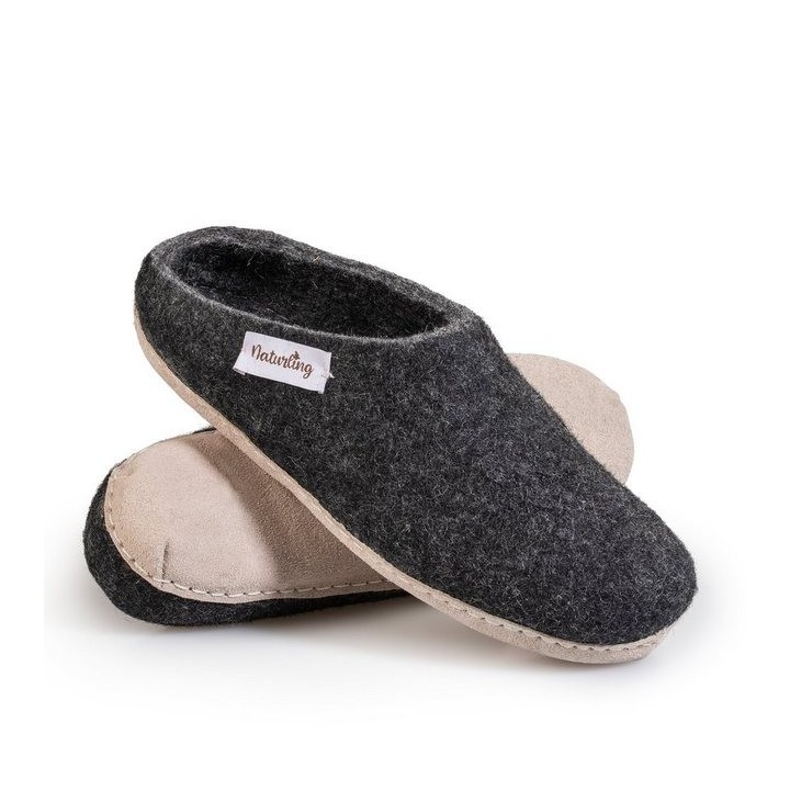 naturling Filz Damen Pantoffel Hausschuh (mit bequemer) Ledersohle