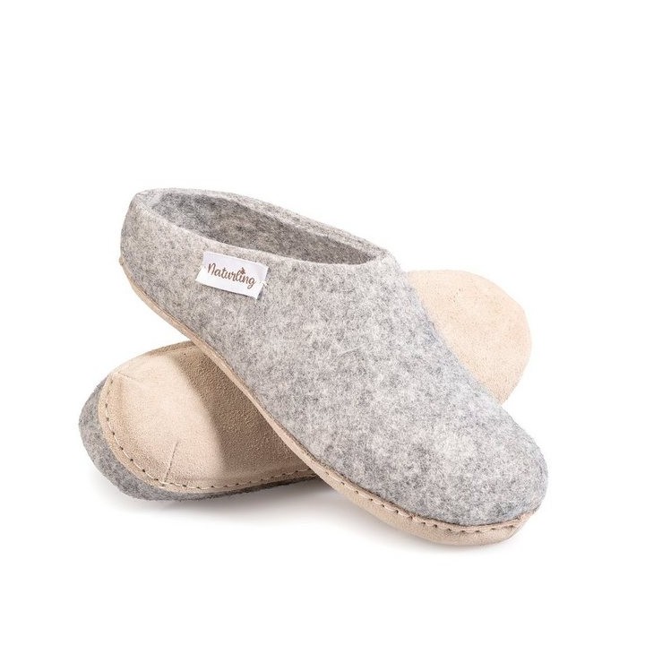 naturling Filz Damen Pantoffel Hausschuh (mit bequemer) Ledersohle