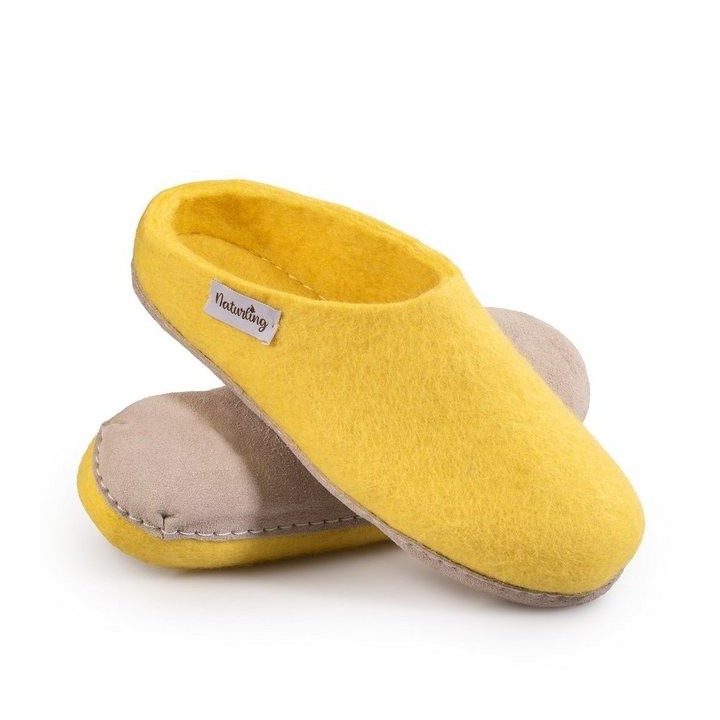 naturling Filz Damen Pantoffel Hausschuh (mit bequemer) Ledersohle