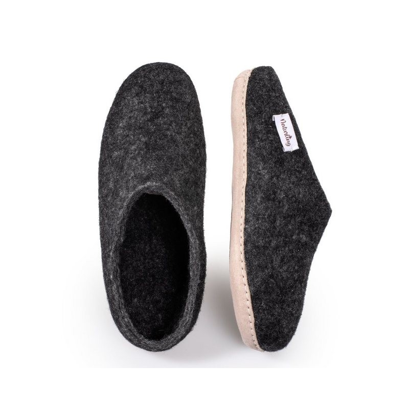 naturling Herren Filz Pantoffel Hausschuh (mit echter) Ledersohle