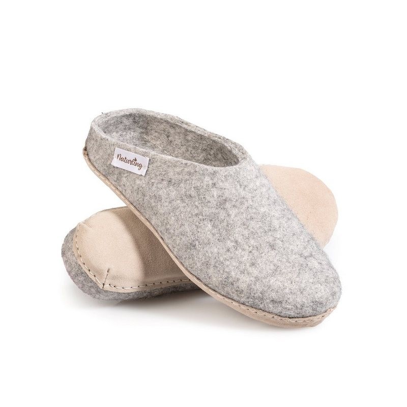 naturling Herren Filz Pantoffel Hausschuh (mit echter) Ledersohle