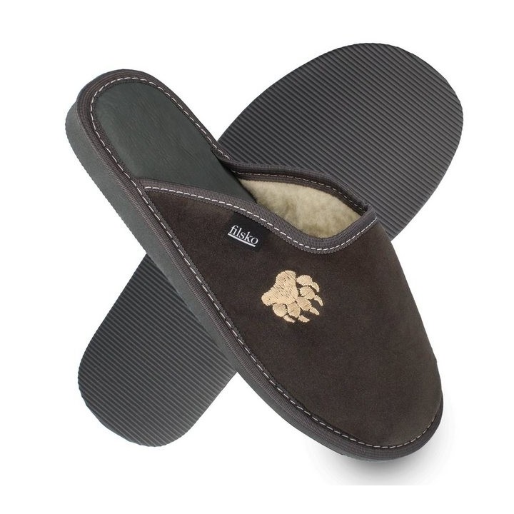 filsko Skagen Herren Hausschuh weiches Veloursleder mit Schafwolle gefüttert, Tatzen Stickerei