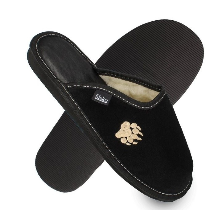 filsko Skagen Herren Hausschuh weiches Veloursleder mit Schafwolle gefüttert, Tatzen Stickerei