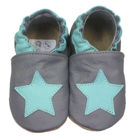 HOBEA-Germany Krabbelschuhe dunkelgrau mit mint Stern 18/19 Krabbelschuh handgefertigt in der EU