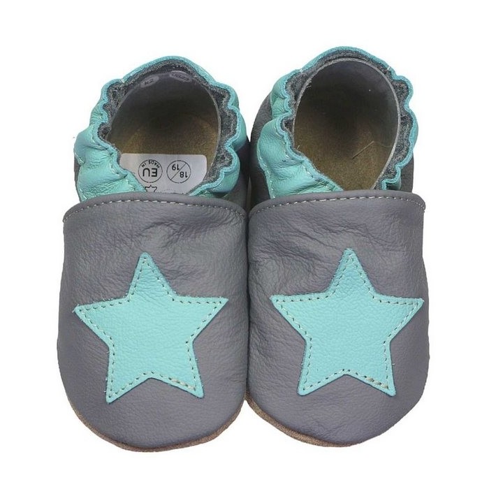 HOBEA-Germany Krabbelschuhe dunkelgrau mit mint Stern 18/19 Krabbelschuh handgefertigt in der EU