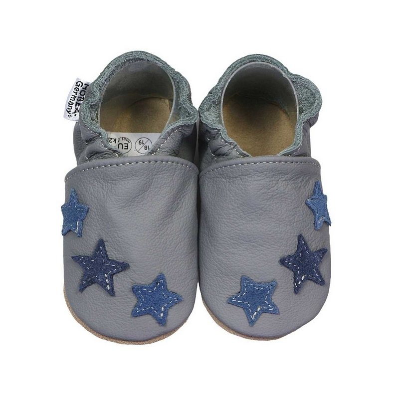 HOBEA-Germany Krabbelschuhe grau mit blauen Sternchen 24/25 Krabbelschuh handgefertigt in der EU, Rutschfest und flexibel