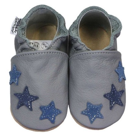 HOBEA-Germany Krabbelschuhe grau mit blauen Sternchen 24/25 Krabbelschuh handgefertigt in der EU, Rutschfest und flexibel