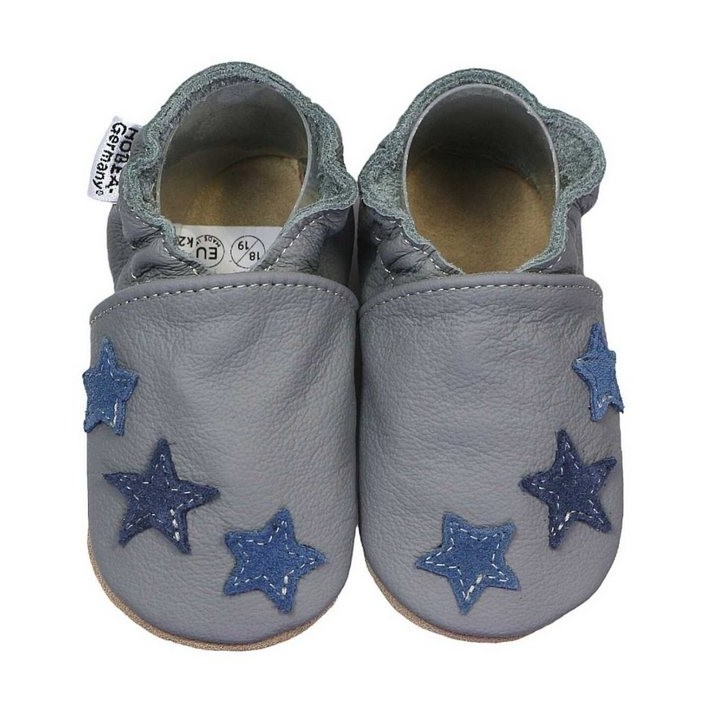 HOBEA-Germany Krabbelschuhe grau mit blauen Sternchen 24/25 Krabbelschuh handgefertigt in der EU, Rutschfest und flexibel