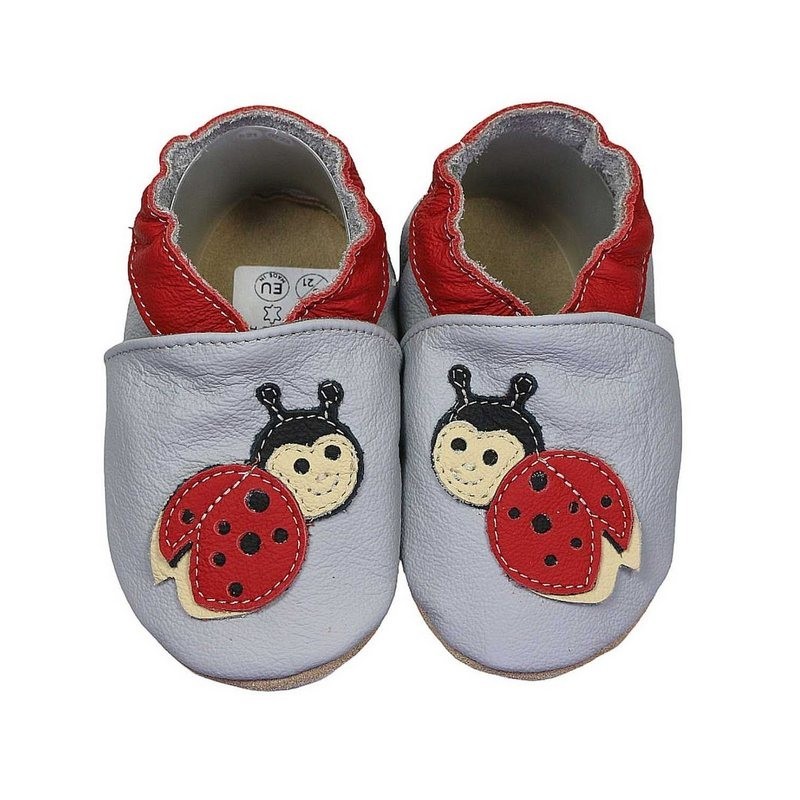 HOBEA-Germany Krabbelschuhe Marienkäfer grau 26/27 (2½ - 3 Jahre) Krabbelsohle Krabbelschuh handgefertigt in der EU, Rutschfe