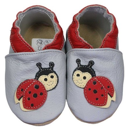 HOBEA-Germany Krabbelschuhe Marienkäfer grau 26/27 (2½ - 3 Jahre) Krabbelsohle Krabbelschuh handgefertigt in der EU, Rutschfe
