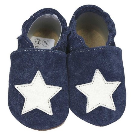 HOBEA-Germany Krabbelschuhe blau mit weißem Stern 24/25 (2 - 2½ Jahre) Krabbelsohle Krabbelschuh handgefertigt in der EU