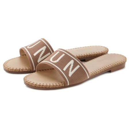 LASCANA Pantolette, Mule, Sandale, offener Schuh aus Textil mit modischem Schriftzug VEGAN