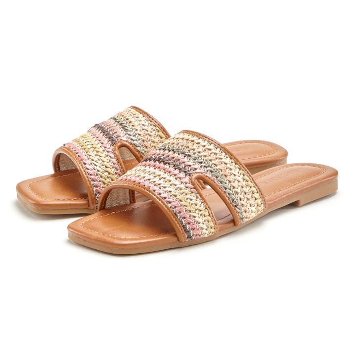 LASCANA Pantolette, Mule, Sandale, offener Schuh in mehrfarbiger Bast-Optik VEGAN