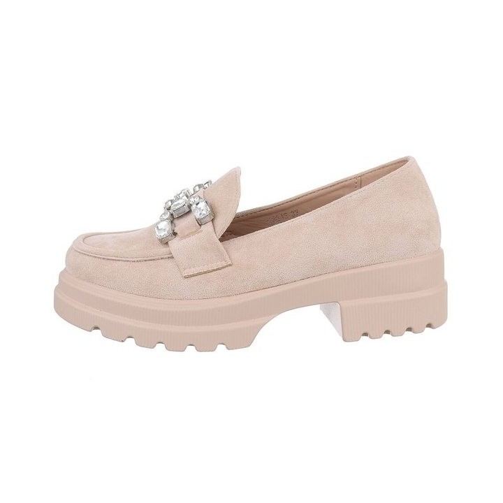 Ital-Design Damen Mokassins Freizeit Slipper Blockabsatz Mokassins in Beige