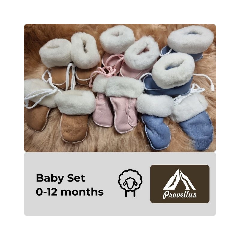 Provellus Baby Set Schuhe und Handschuhe aus deutschem Merino Lammfell Hausschuh