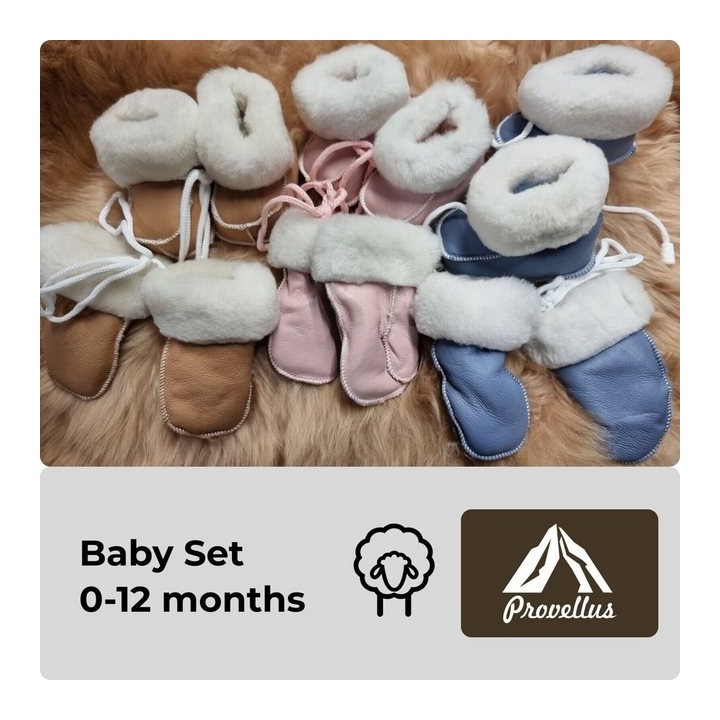Provellus Baby Set Schuhe und Handschuhe aus deutschem Merino Lammfell Hausschuh