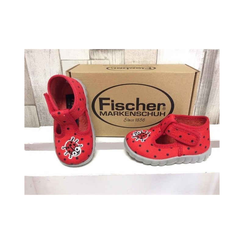 fischer Fischer Mädchen Klett-Hausschuh rot mit Punkten, Marienkäfer Hausschuh
