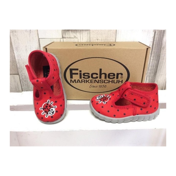 fischer Fischer Mädchen Klett-Hausschuh rot mit Punkten, Marienkäfer Hausschuh