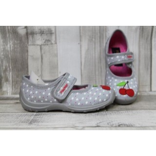 GlücksNugget Fischer Mädchen Klett-Hausschuh grau-weiß gepunktet mit Kirschen Hausschuh