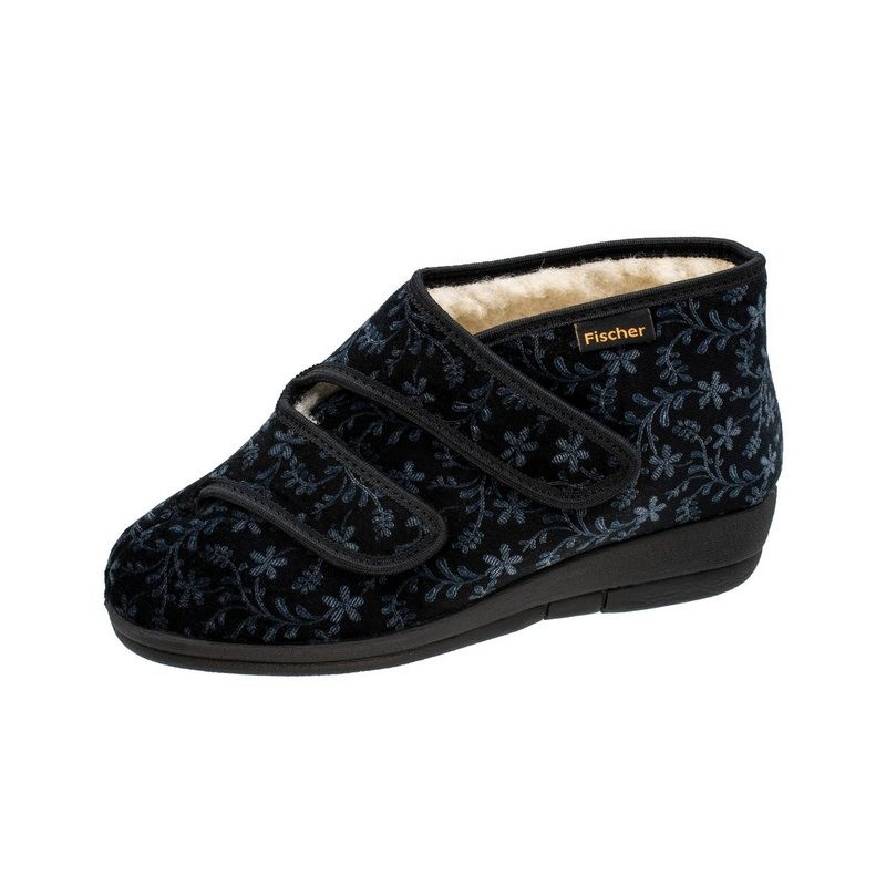 Fischer-Markenschuh Dora Hausschuh 2 Klettverschlüsse, Schurwollfutter, Samt, Weite H