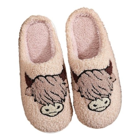 Refttenw Flauschige Hausschuh Herren Winter Lustige Hausschuhe Damen Plüsch Hausschuhe Bullenkopf-Khaki