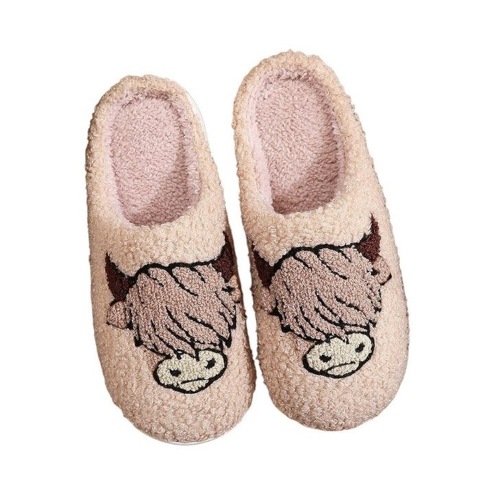 Refttenw Flauschige Hausschuh Herren Winter Lustige Hausschuhe Damen Plüsch Hausschuhe Bullenkopf-Khaki