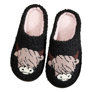 Refttenw Flauschige Hausschuh Herren Winter Lustige Hausschuhe Damen Plüsch Hausschuhe Stierkopf-schwarz