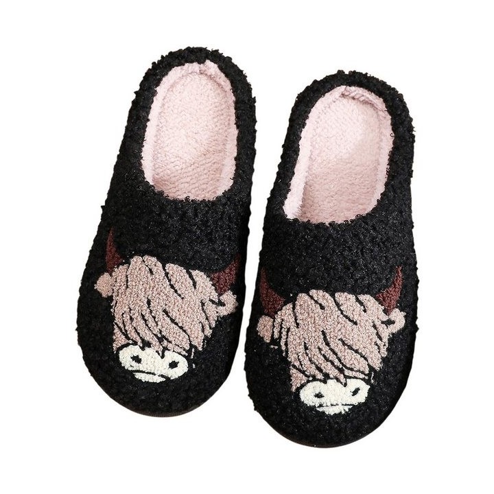 Refttenw Flauschige Hausschuh Herren Winter Lustige Hausschuhe Damen Plüsch Hausschuhe Stierkopf-schwarz