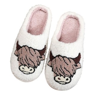 Refttenw Flauschige Hausschuh Herren Winter Lustige Hausschuhe Damen Plüsch Hausschuhe Kuhkopf-Weiß