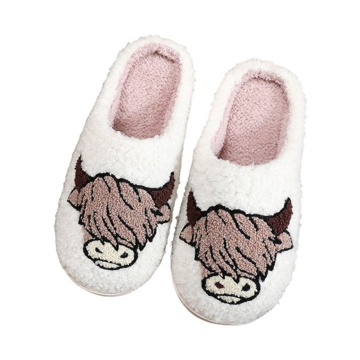 Refttenw Flauschige Hausschuh Herren Winter Lustige Hausschuhe Damen Plüsch Hausschuhe Kuhkopf-Weiß