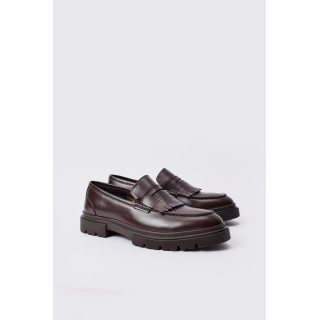 Braune PU-Loafer mit klobiger Sohle und Fransen - 43, Braun