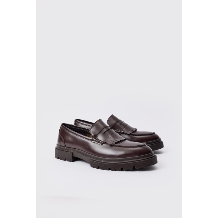 Braune PU-Loafer mit klobiger Sohle und Fransen - 43, Braun