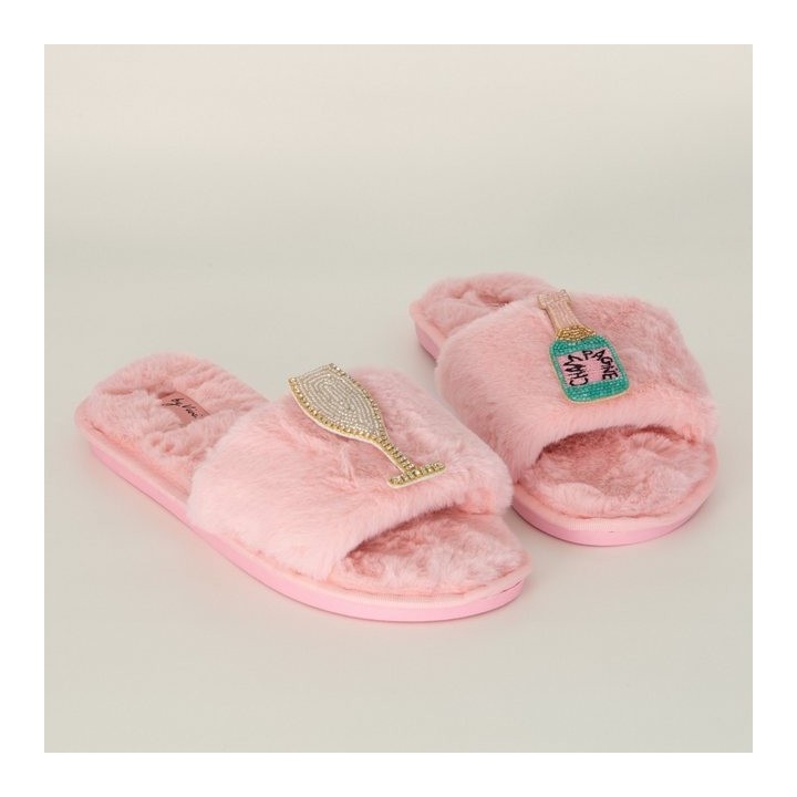 Geschenkbox Slipper Rosa mit Broschen Champange Turquoise, 40/41 Slipper Pinker Plüschslipper für ultimativen Komfort