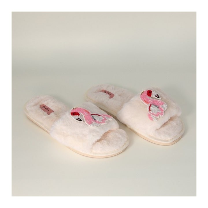 Geschenkbox Slipper Weiß mit Brosche Pink Flamingo, 38/39 Slipper (mit Brosche Pink Flamingo) mit Brosche Pink Flamingo
