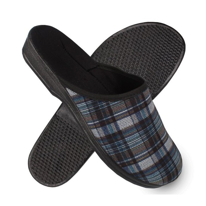 filsko Hausschuhe Kariert Blau in Größe 40-46 Herren Gummisohle Hausschuh