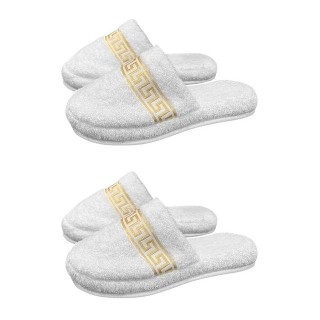 Belle Arti Luxus Gäste Hausschuhe Homeslipper Damen Herren Mäander weiss gold SET Pantoffel (2-tlg)