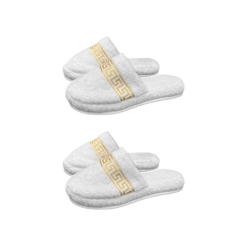 Belle Arti Luxus Gäste Hausschuhe Homeslipper Damen Herren Mäander weiss gold SET Pantoffel (2-tlg)