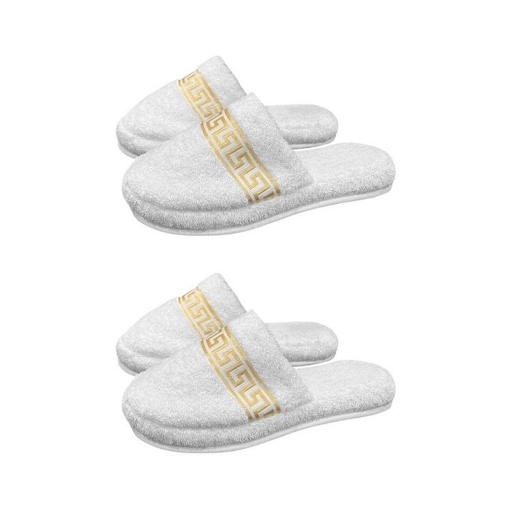 Belle Arti Luxus Gäste Hausschuhe Homeslipper Damen Herren Mäander weiss gold SET Pantoffel (2-tlg)