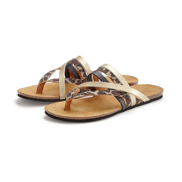 LASCANA Zehentrenner Sandale, Pantolette aus Leder mit Korkfußbett
